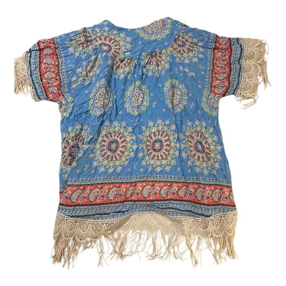 Umgee | Boho Kimono | Blue Multicolor | Fringe Trim | Size M/L - Picture 2 of 3